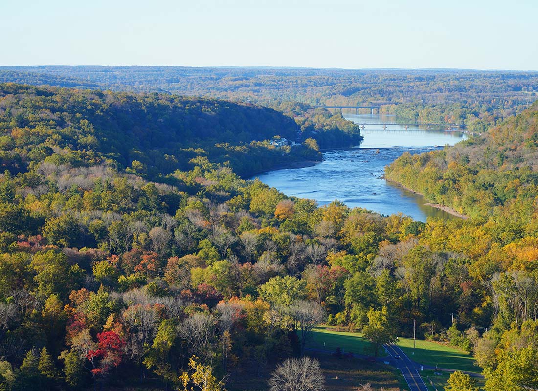 Washington, PA - Aerial View of Hills and Trees Next to a River in the Early Fall in Washington Pennsylvania on a Sunny Day